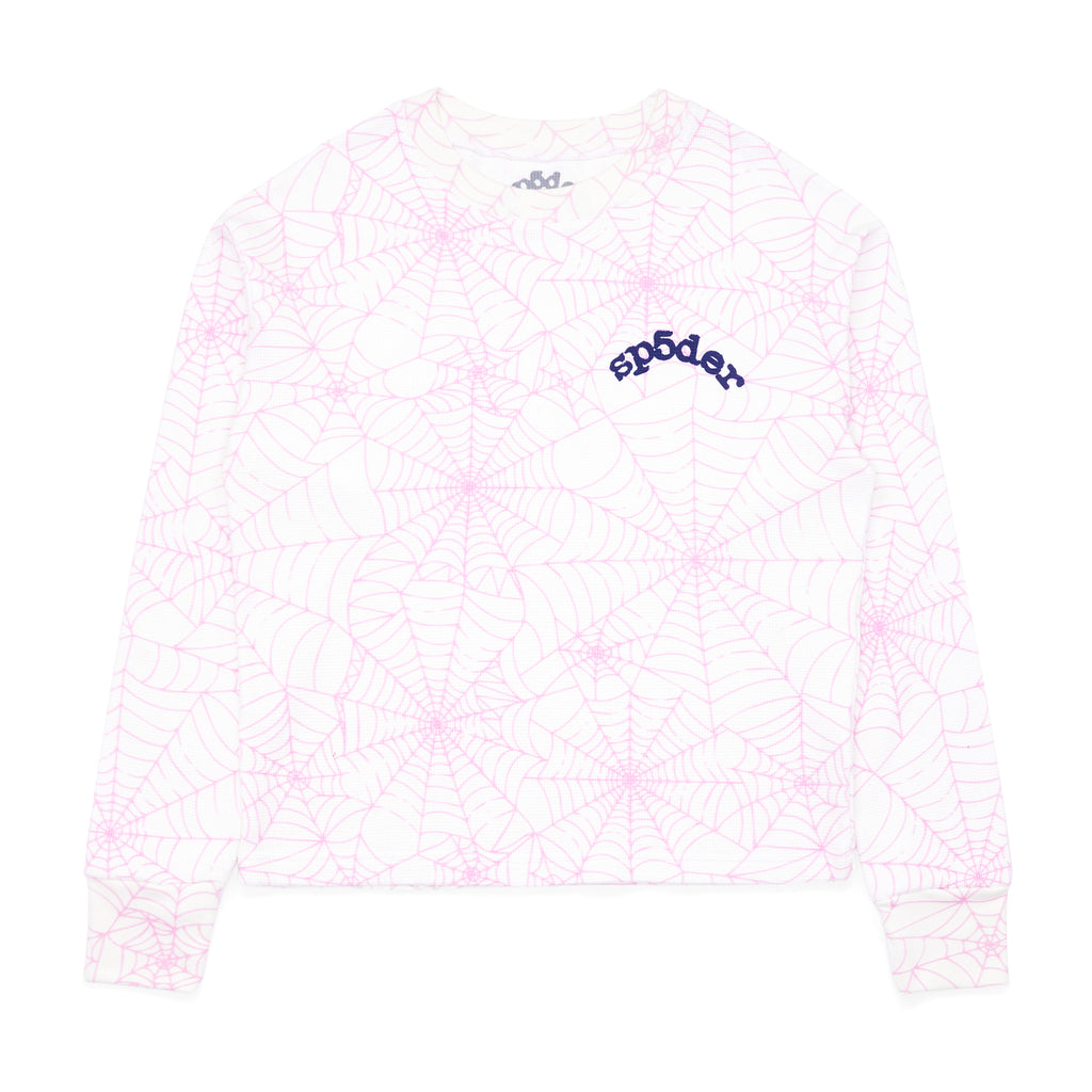 White waffle thermal long sleeve shirt with pink spiderweb print and blue "sp5der" logo.