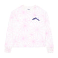 White waffle thermal long sleeve shirt with pink spiderweb print and blue "sp5der" logo.
