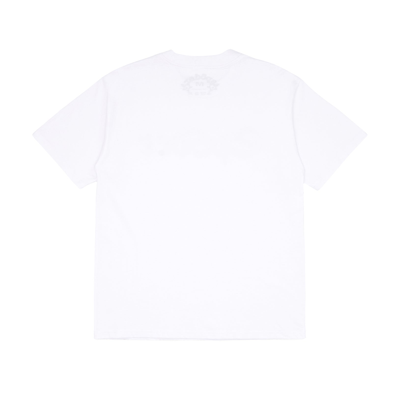 Back of a plain white 100% cotton standard fit tee with a small grey logo on the inner collar.