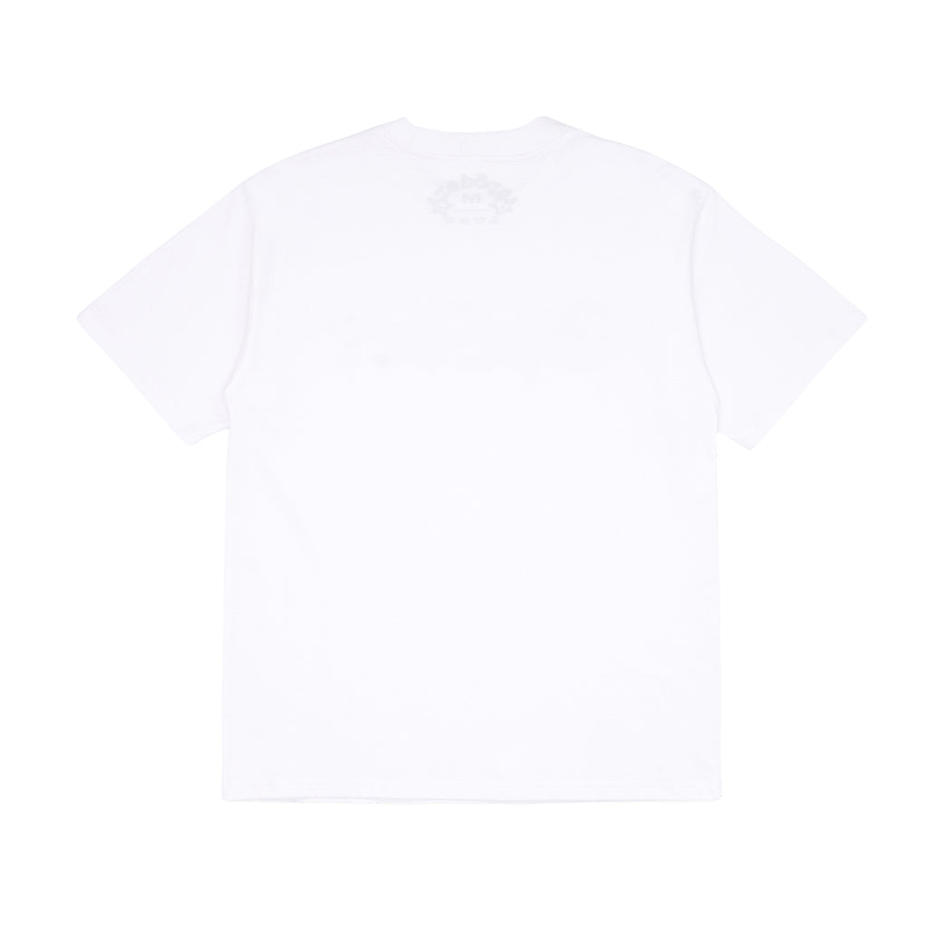 Back of a plain white 100% cotton standard fit tee with a small grey logo on the inner collar.