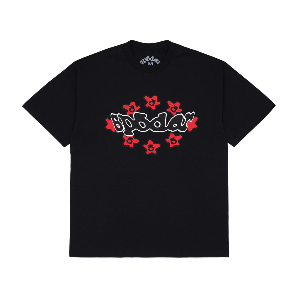Black 100% cotton SP5DER tee with warped red and white graphic print, standard fit.