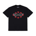 Black 100% cotton SP5DER tee with warped red and white graphic print, standard fit.