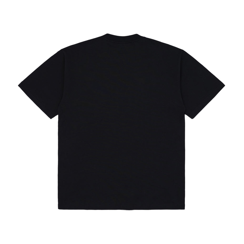 Back view of a plain black 100% cotton standard fit tee.