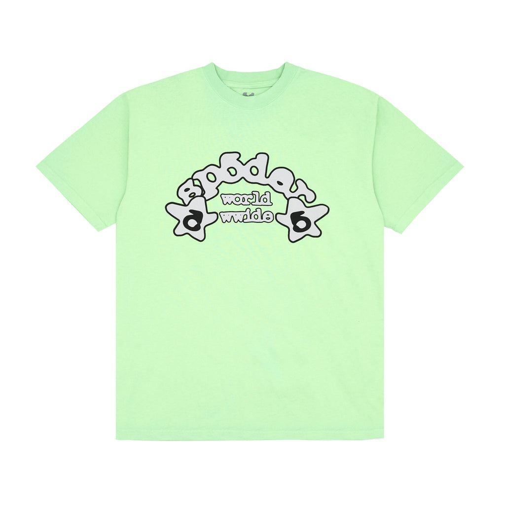 Slime green 100% cotton tee with a black and white "worldwide" graphic print on the front.
