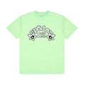 Slime green 100% cotton tee with a black and white "worldwide" graphic print on the front.