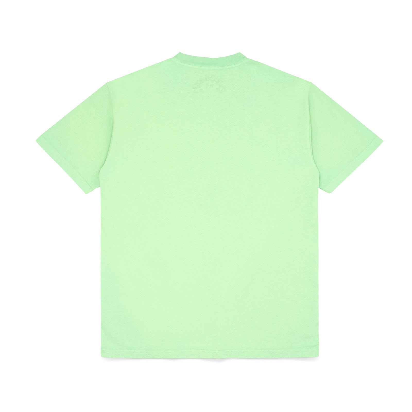 Back view of a plain, standard fit, 100% cotton Slime Green Worldwide Tee.