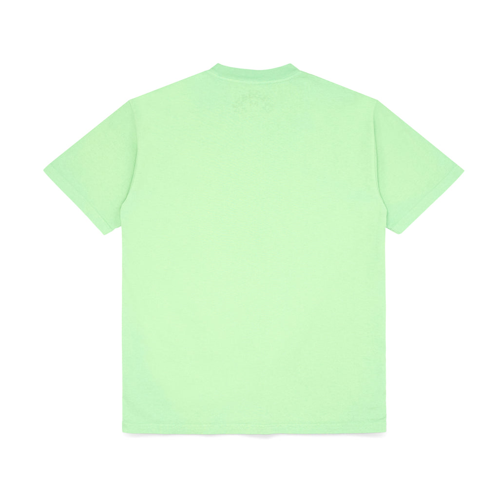 Back view of a plain, standard fit, 100% cotton Slime Green Worldwide Tee.