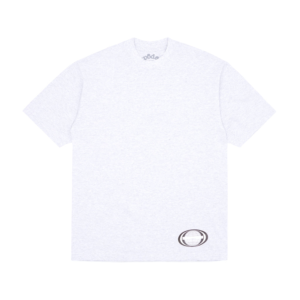 Heather grey 100% cotton utility tee with "pddo" neck print and globe graphic on corner hem.