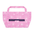 Pink XL tote bag with white spiderweb all-over print and dark horizontal "SP5" jumbo print.