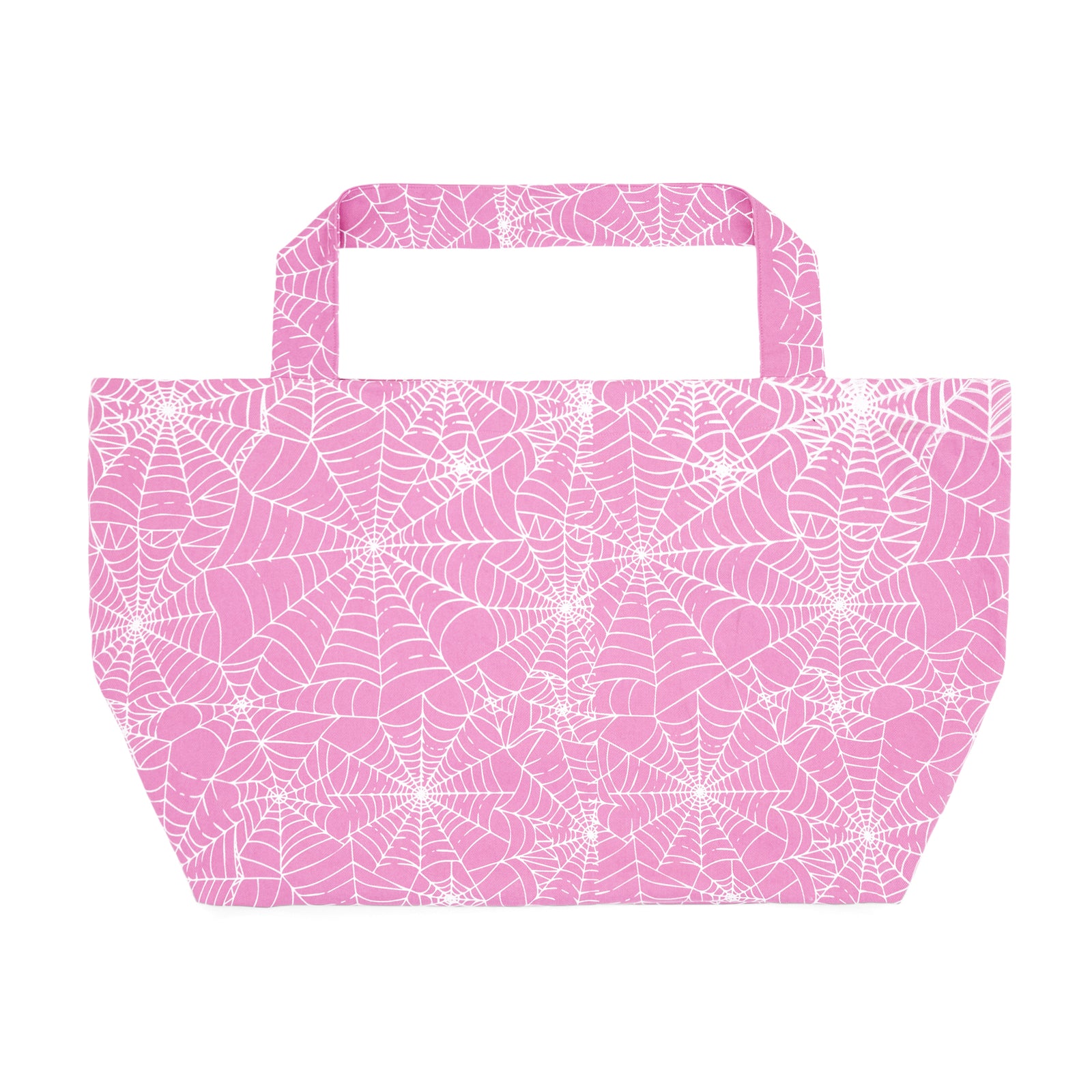 Pink XL tote bag with white all-over spiderweb print, made from 8oz brushed twill.