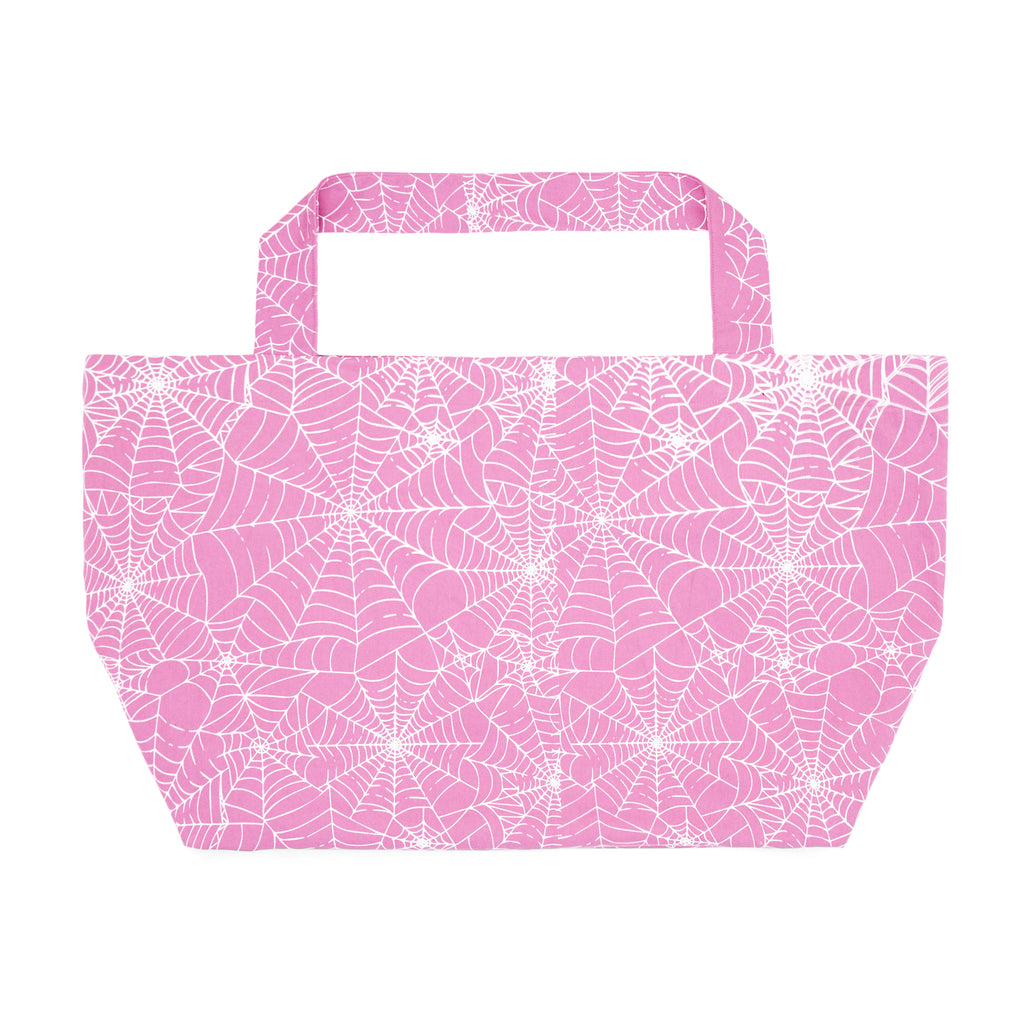 Pink XL tote bag with white all-over spiderweb print, made from 8oz brushed twill.