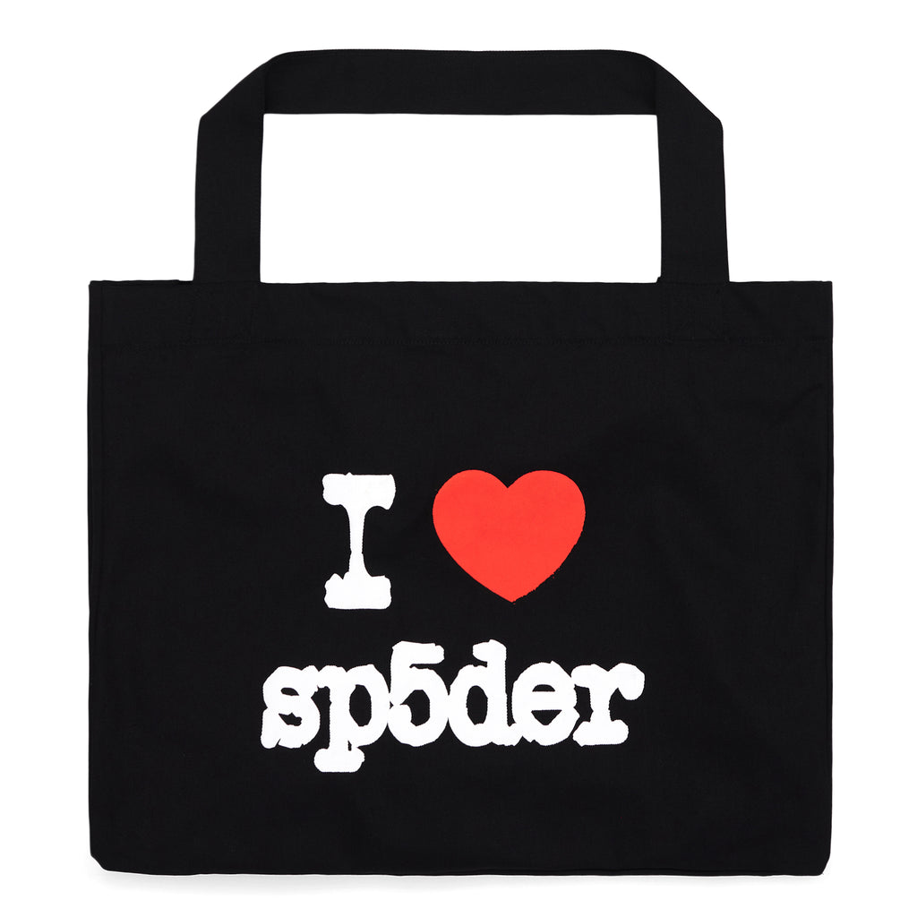 Black brushed twill XL tote bag with "I ❤️ sp5der" jumbo puff print.