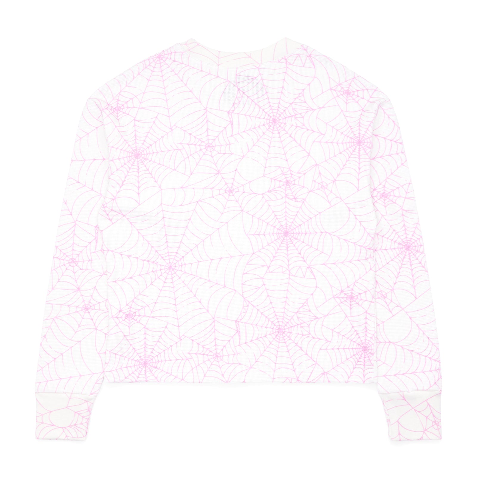 White waffle thermal long sleeve shirt with an all-over pink spiderweb print.