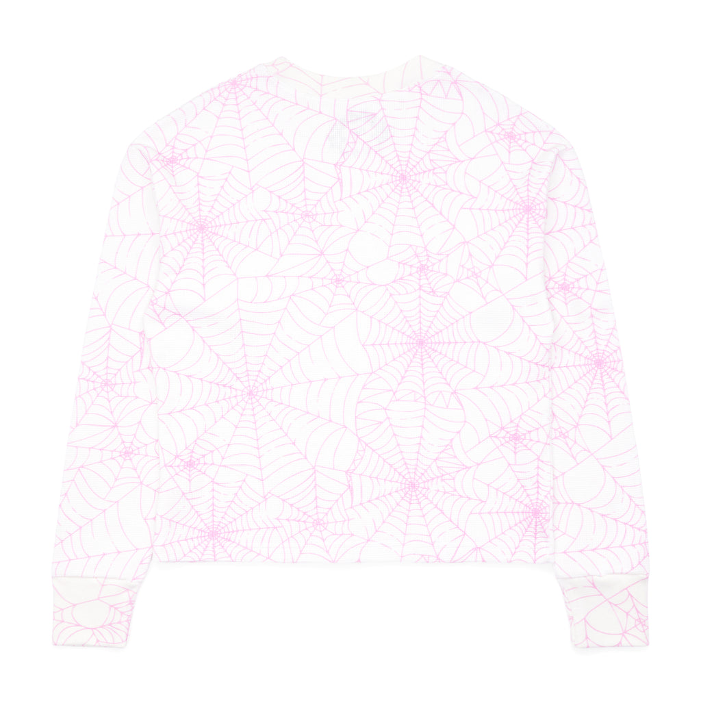 White waffle thermal long sleeve shirt with an all-over pink spiderweb print.