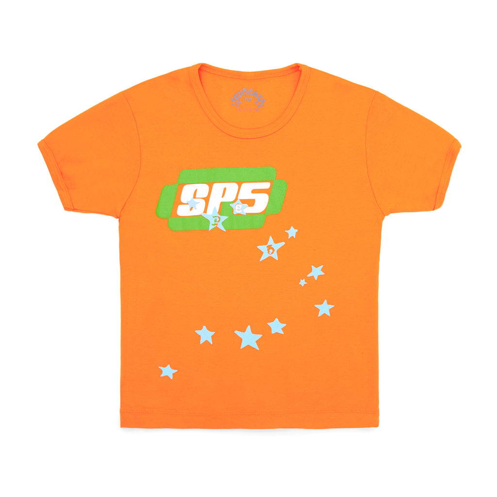 Orange SP5 Baby Tee, 100% cotton, cropped fitted style with graphic print and blue stars.