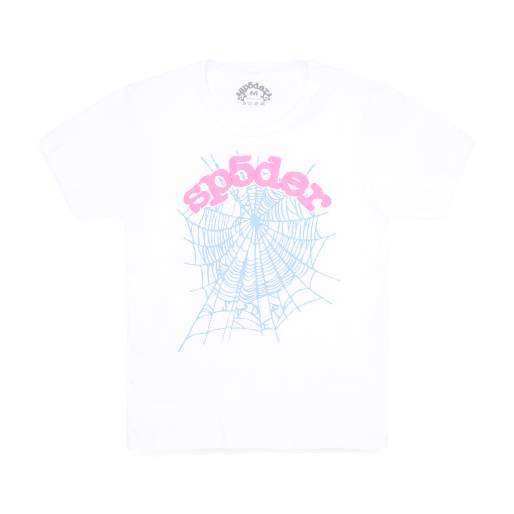 White 100% cotton cropped baby tee with a pink "sp5der" graphic and light blue spider web print.