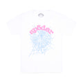 White 100% cotton cropped baby tee with a pink "sp5der" graphic and light blue spider web print.