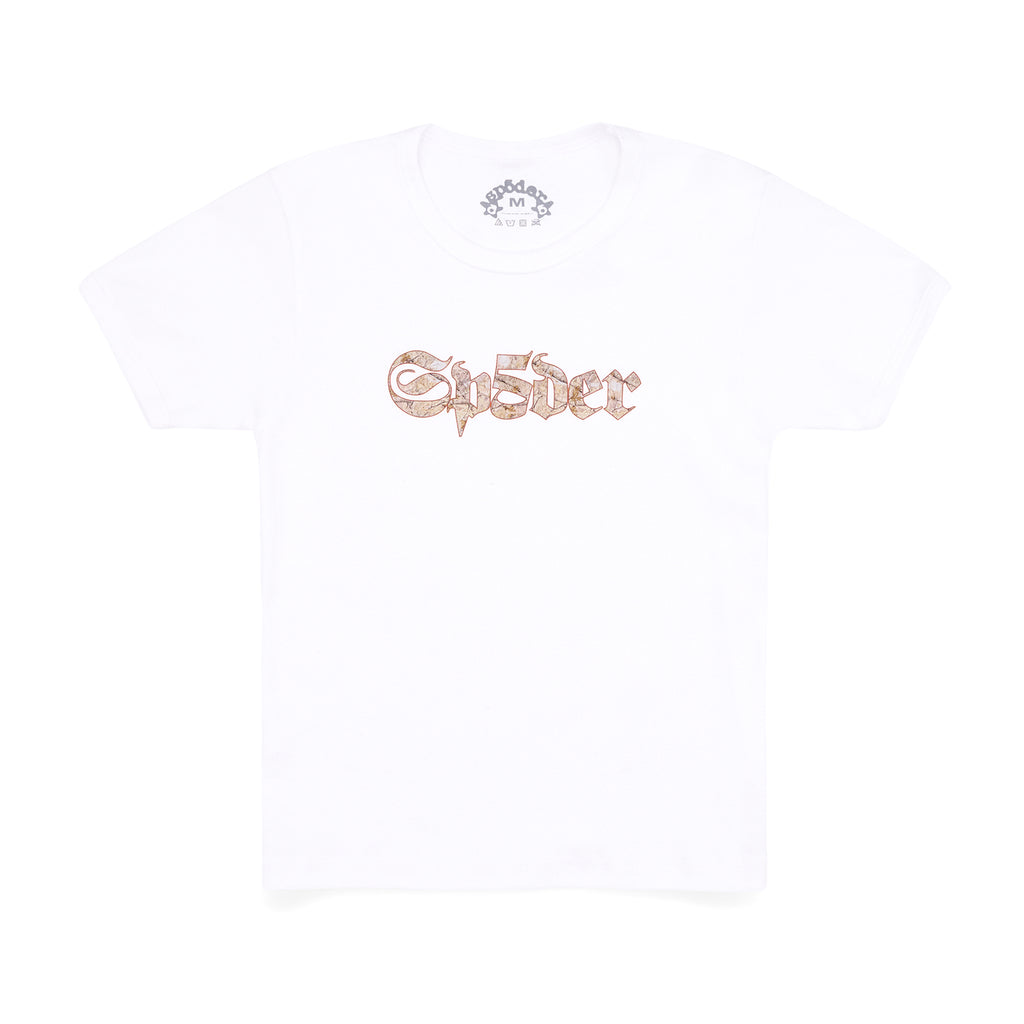 White 100% cotton cropped baby tee with a brown "Sp5der" graphic print on the front.
