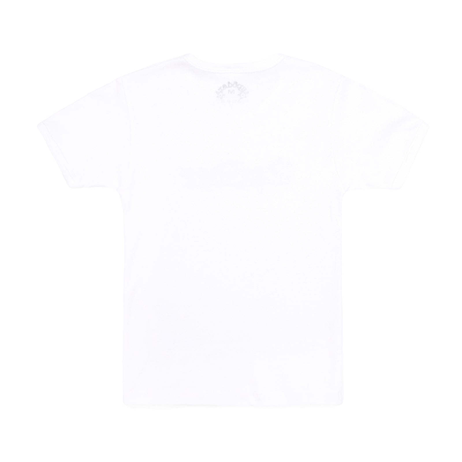 Back of a white 100% cotton cropped fitted baby tee with a subtle graphic print on the upper back.