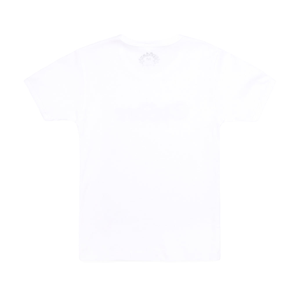 Back of a white 100% cotton cropped fitted baby tee with a small graphic print near the collar.