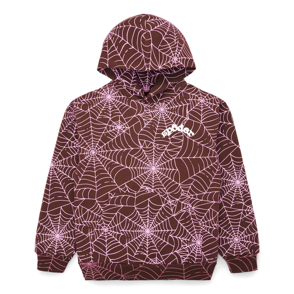 Brown fleece hoodie with all-over pink cracked web print and "SP5DER" text on the chest.