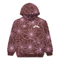 Brown fleece hoodie with all-over pink cracked web print and "SP5DER" text on the chest.