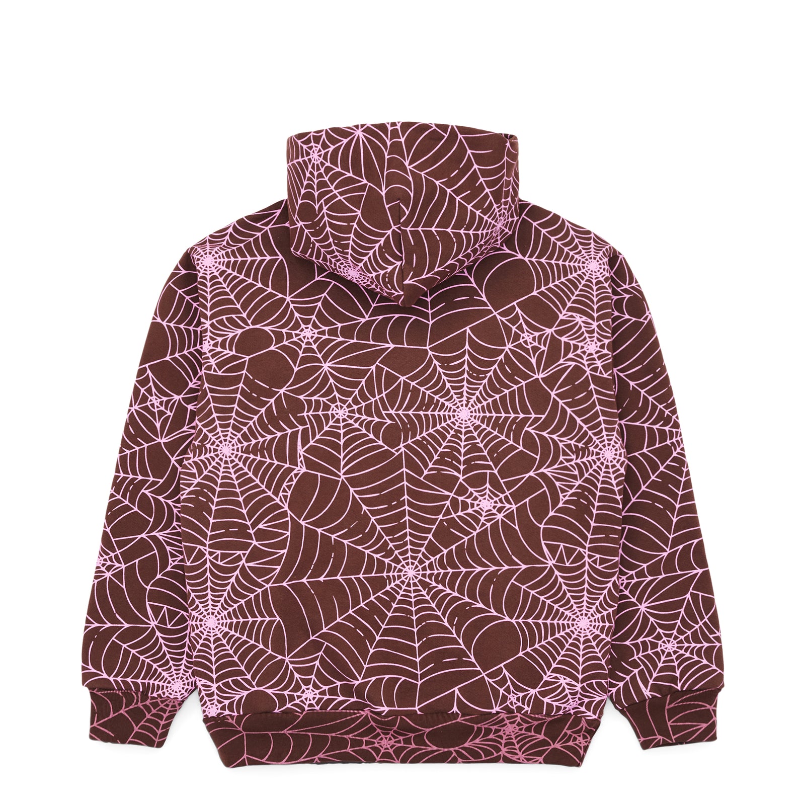 Brown fleece hoodie with all-over cracked pink spider web print and small 'SP5DER' text.