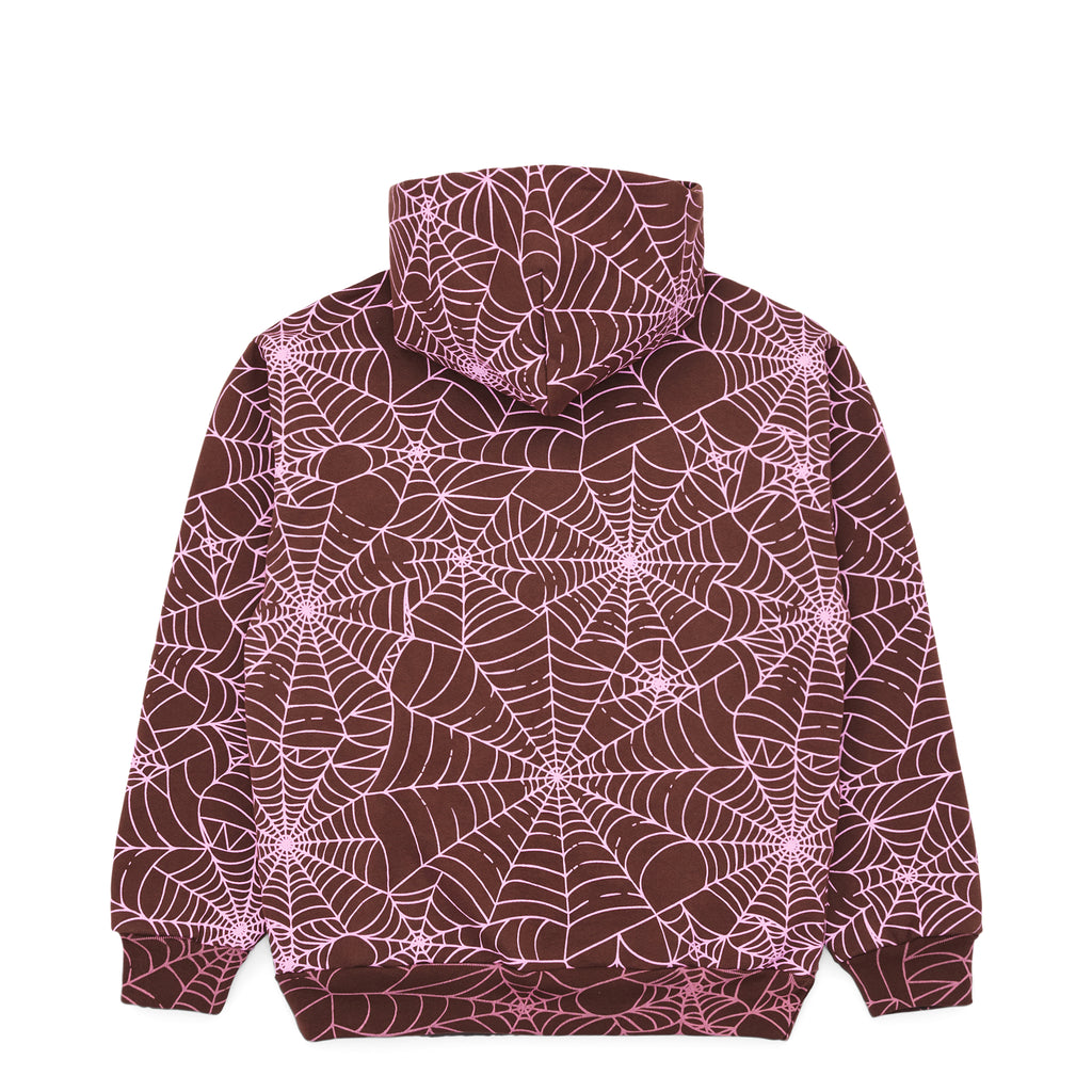 Brown fleece hoodie with all-over cracked pink spider web print and small 'SP5DER' text.