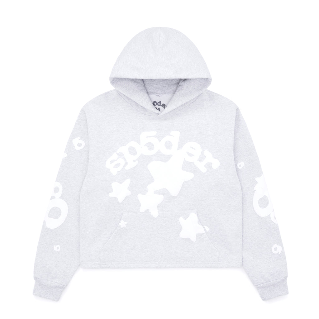 Light grey cropped fleece hoodie with white "SP5DER" and star puff print on front.