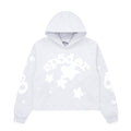 Light grey cropped fleece hoodie with white "SP5DER" and star puff print on front.