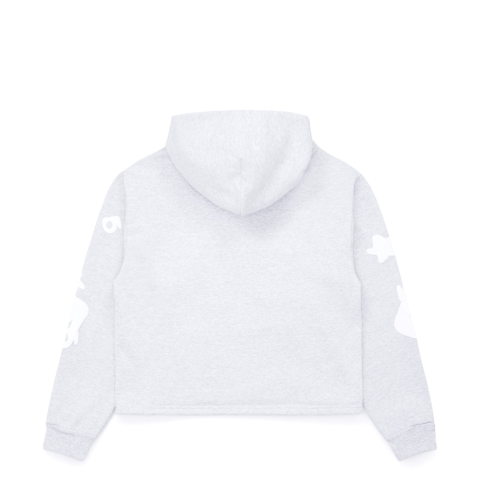 Back of a light grey cropped fleece hoodie with white 'SP5DER' and star print on the sleeves.