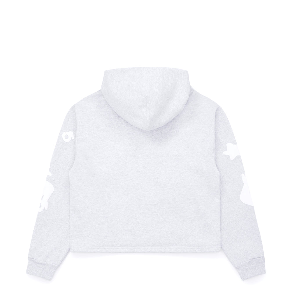 Back of a light grey cropped fleece hoodie with white 'SP5DER' and star print on the sleeves.