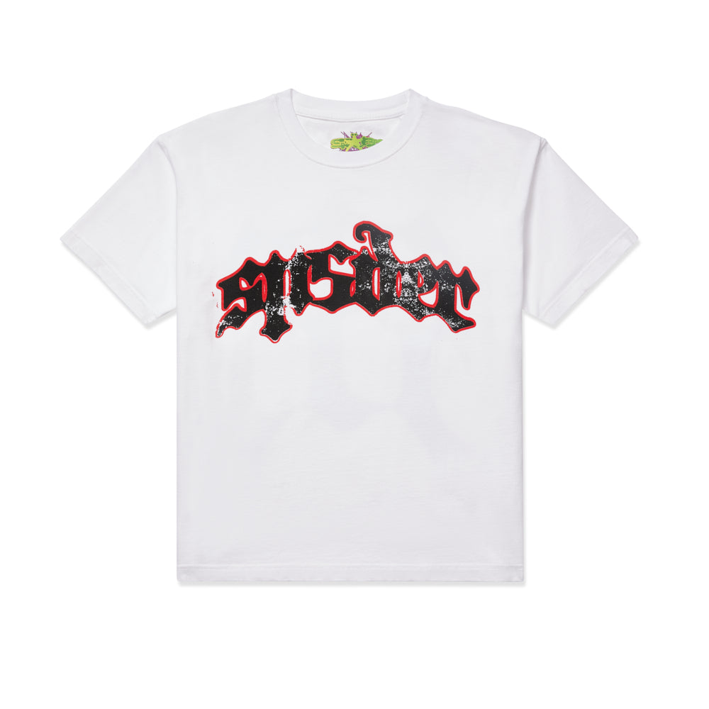 SP5DER "JUAN" white 100% cotton tee with a distressed black and red graphic print.