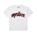 SP5DER "JUAN" white 100% cotton tee with a distressed black and red graphic print.
