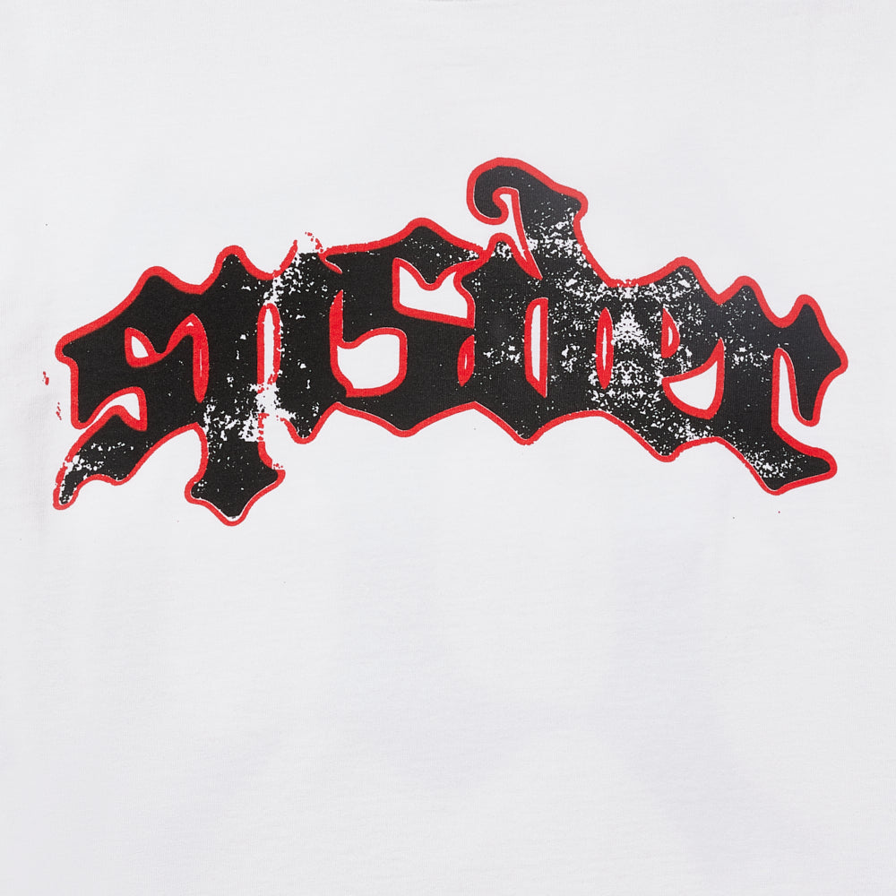 SP5DER "JUAN" white 100% cotton tee with distressed black and red graphic print.