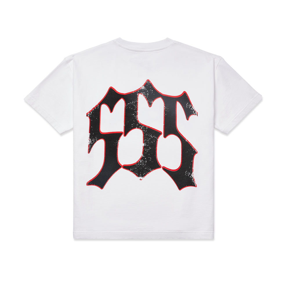 White 100% cotton SP5DER "JUAN" tee with a distressed black and red graphic print on the back.