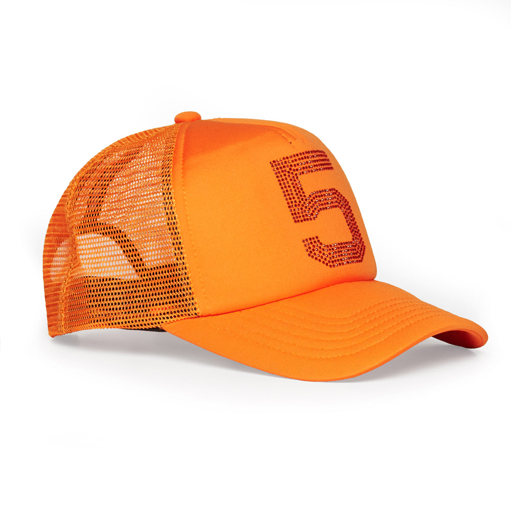 Orange 5-panel polyester trucker hat with rhinestone "5" on front.
