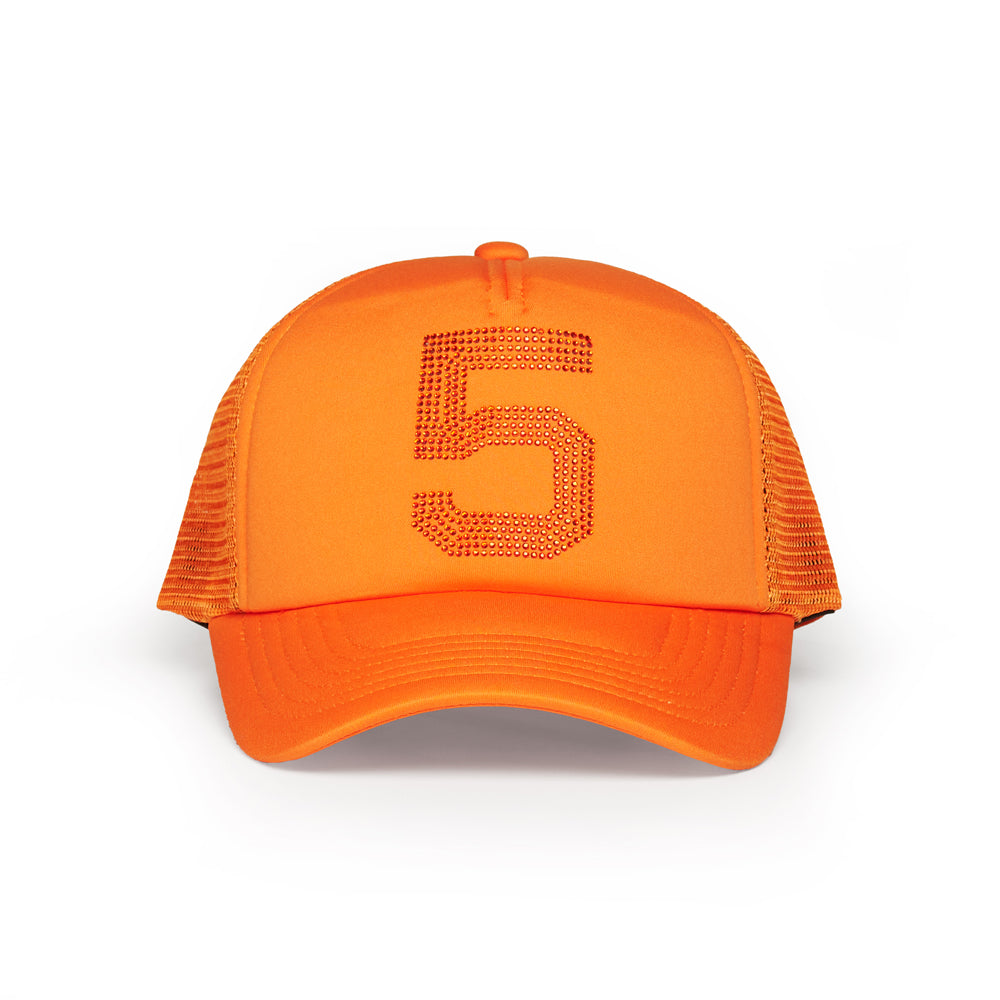 Orange polyester trucker hat with a rhinestone "5" on the front, 5-panel design.