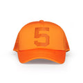 Orange polyester trucker hat with a rhinestone "5" on the front, 5-panel design.