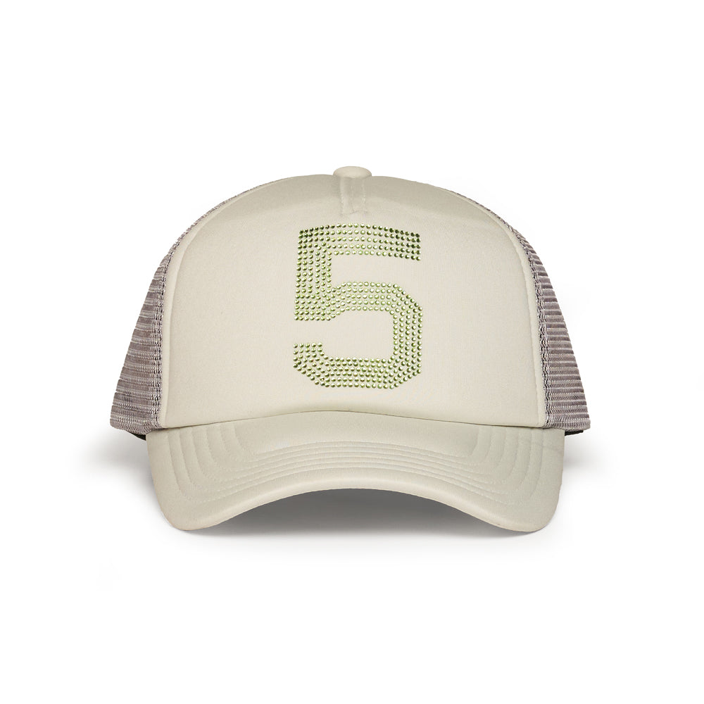 Slate grey 5-panel polyester trucker hat with a rhinestone "5" on the front.