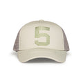 Slate grey 5-panel polyester trucker hat with a rhinestone "5" on the front.