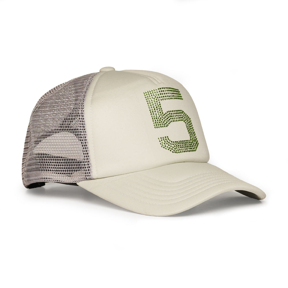 Slate grey 5-panel trucker hat with a rhinestone "5" embellished on the center.