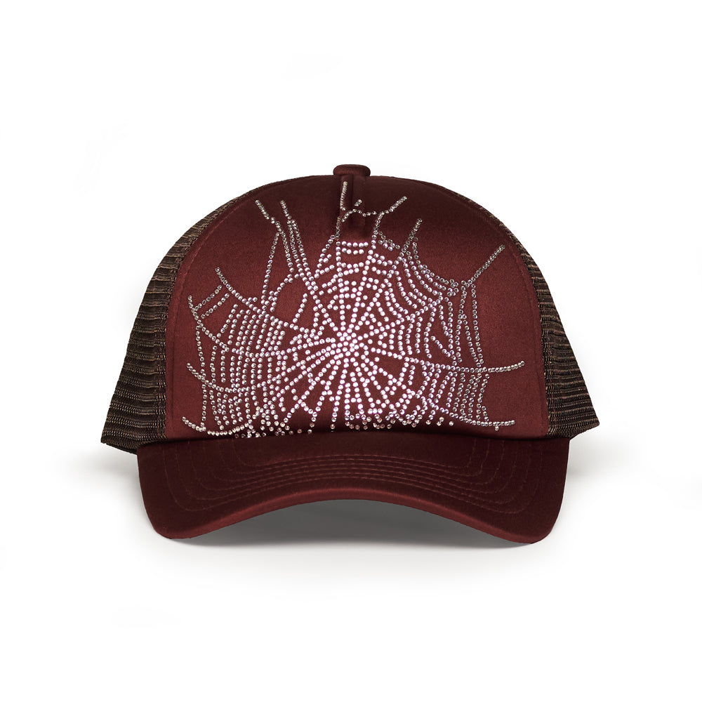 Brown polyester 5-panel trucker hat with rhinestone spider web design.