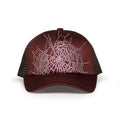 Brown polyester 5-panel trucker hat with rhinestone spider web design.