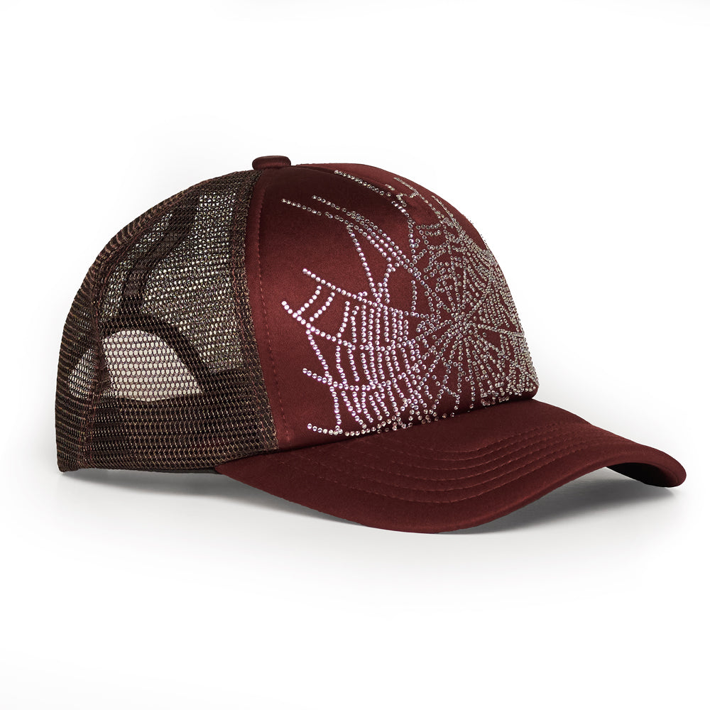 Brown polyester trucker hat with rhinestone spiderweb design.