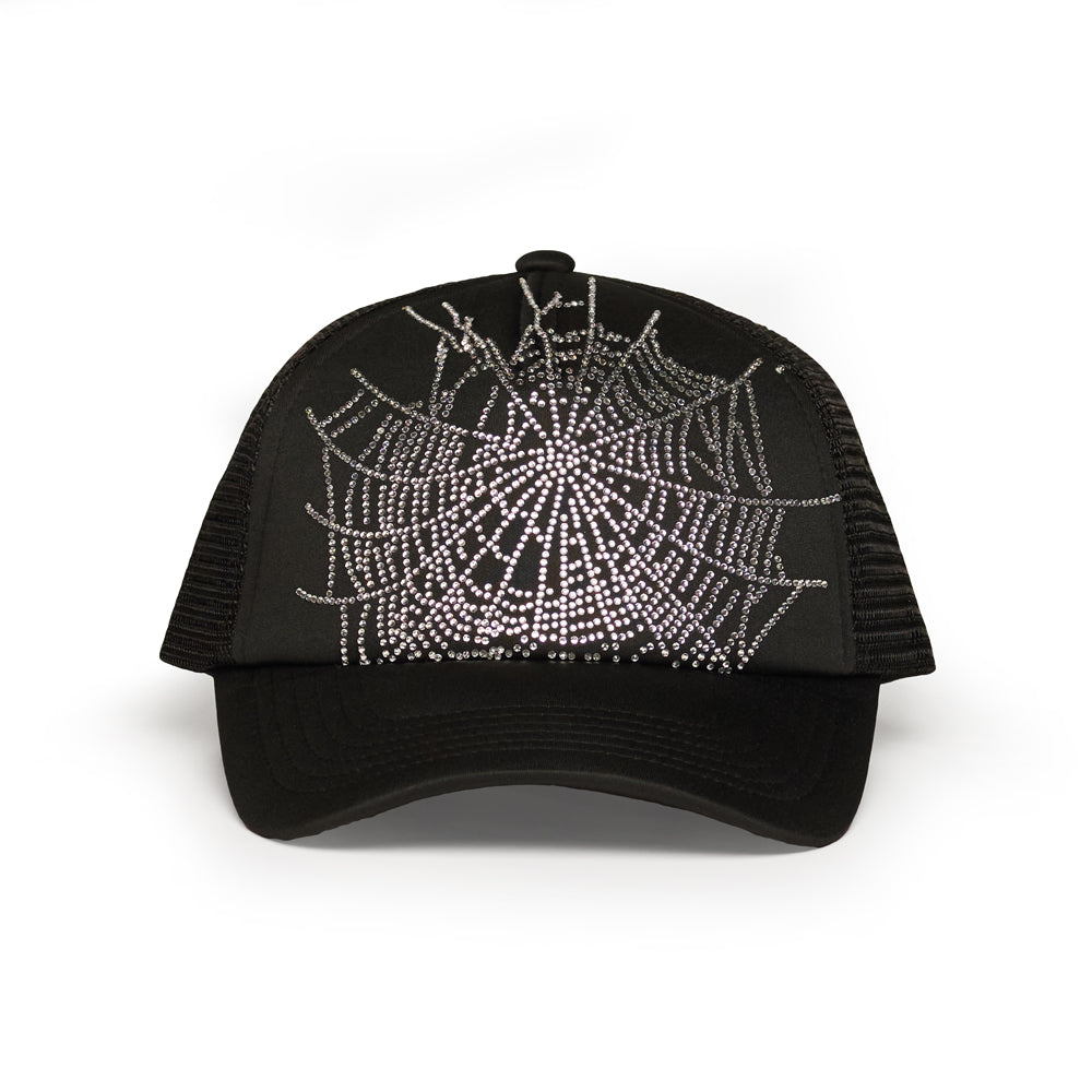 Black polyester trucker hat with a sparkling rhinestone spider web design.