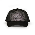 Black polyester trucker hat with a sparkling rhinestone spider web design.
