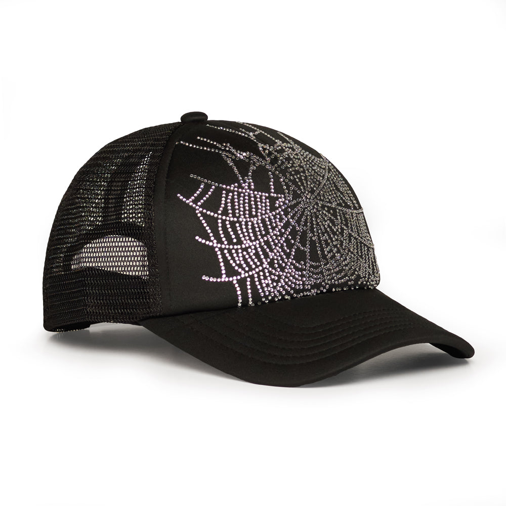 Black polyester trucker hat with a sparkling rhinestone spider web design.