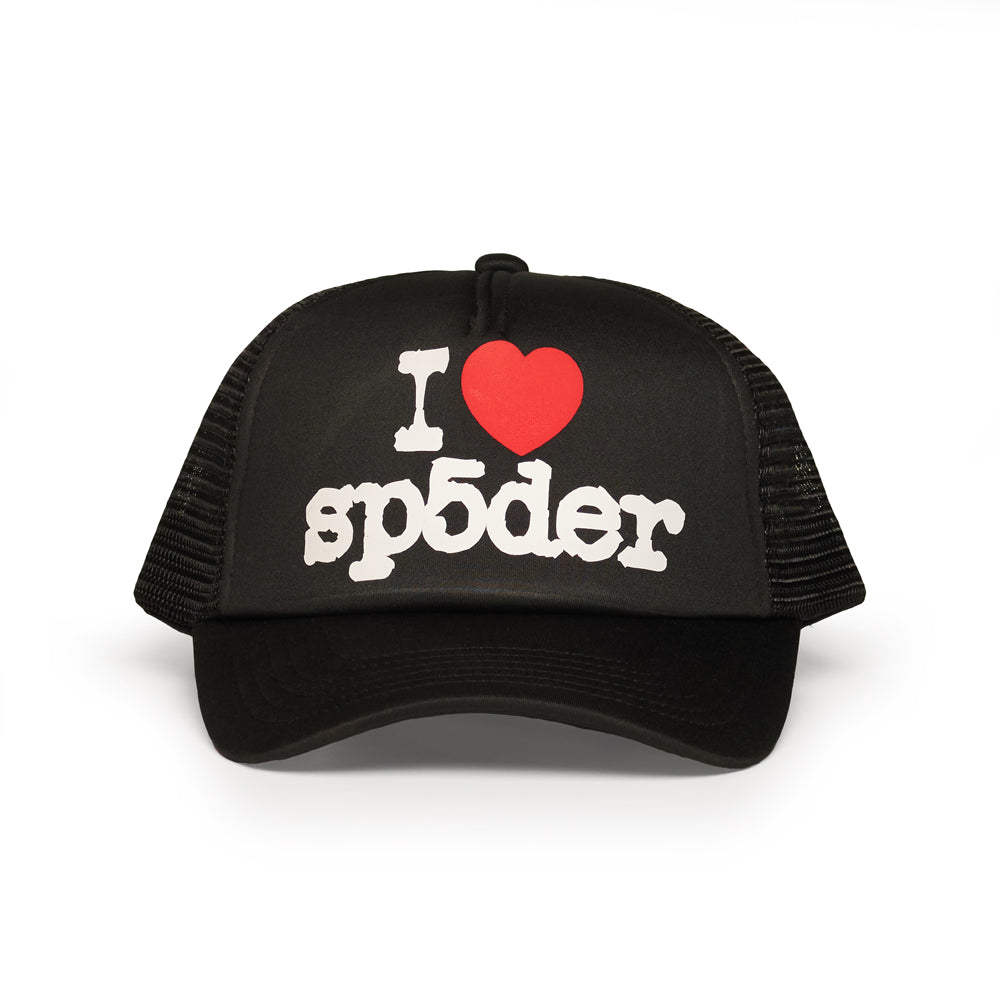 Black polyester trucker hat with "I ❤️ sp5der" graphic in white and red.