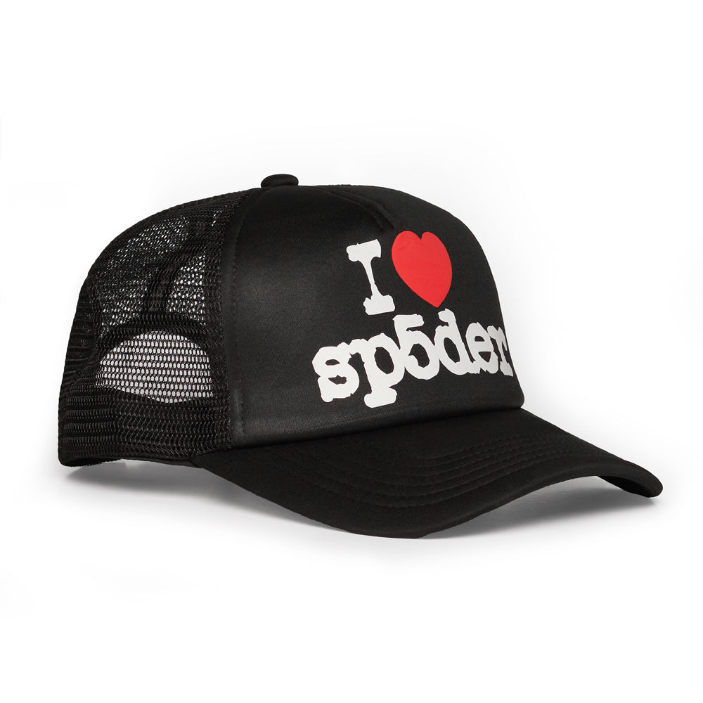Black polyester trucker hat with "I ❤️ sp5der" graphic on front.
